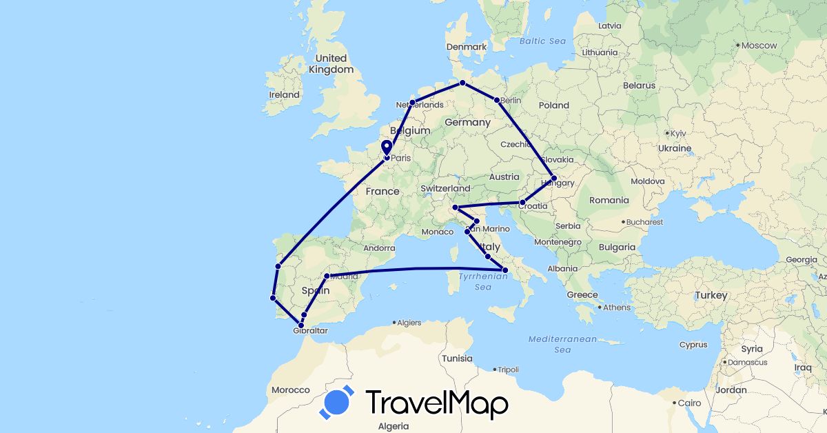 TravelMap itinerary: driving in Germany, Spain, France, Croatia, Hungary, Italy, Netherlands, Portugal (Europe)