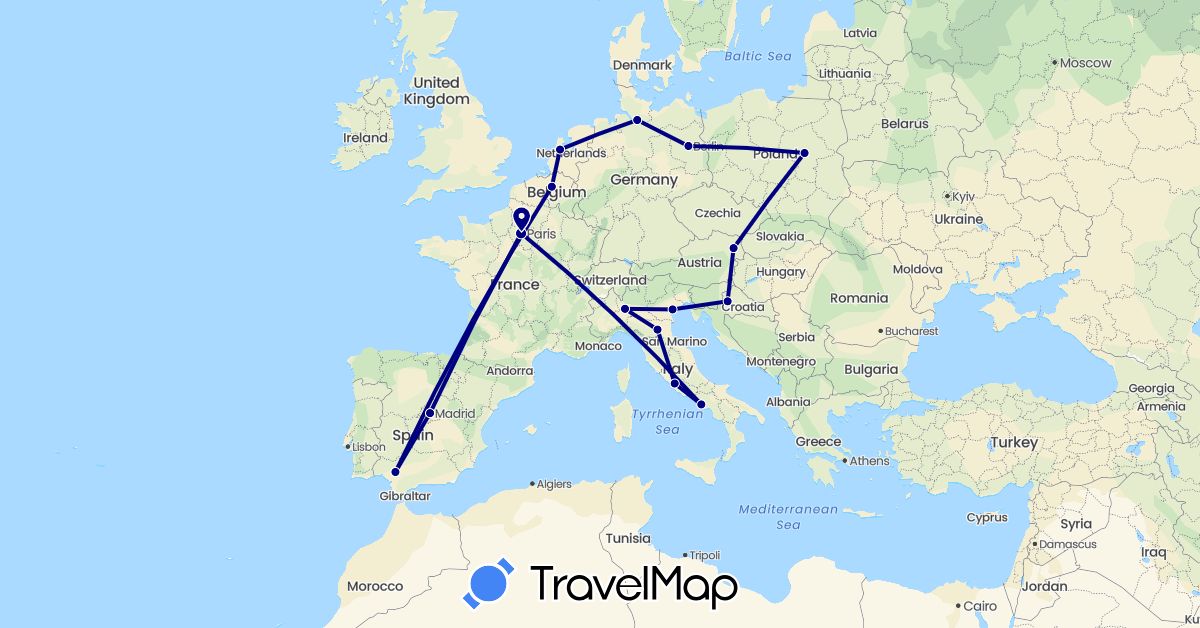 TravelMap itinerary: driving in Austria, Belgium, Germany, Spain, France, Croatia, Italy, Netherlands, Poland (Europe)